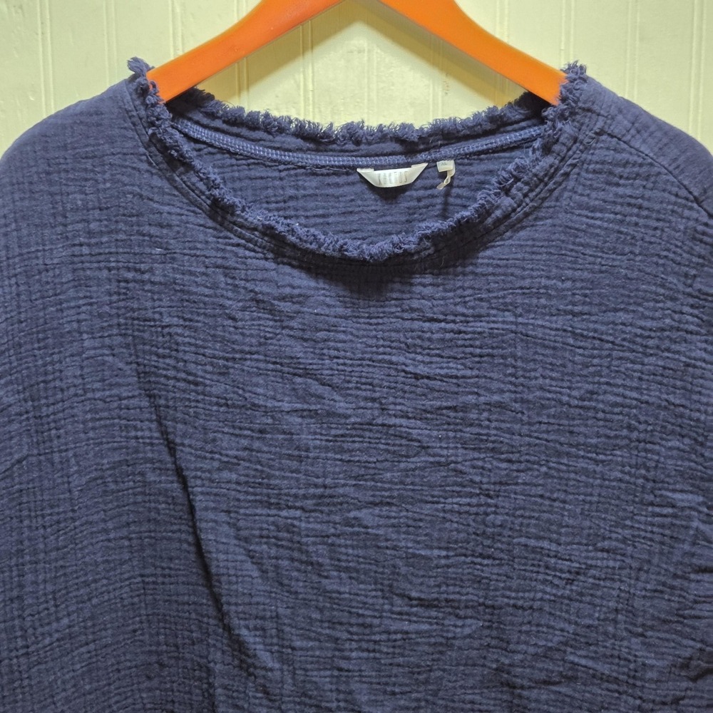Kaktus Blouse Womens Petite PXL Blue Fringe Short Sleeve Textured Cotton Top